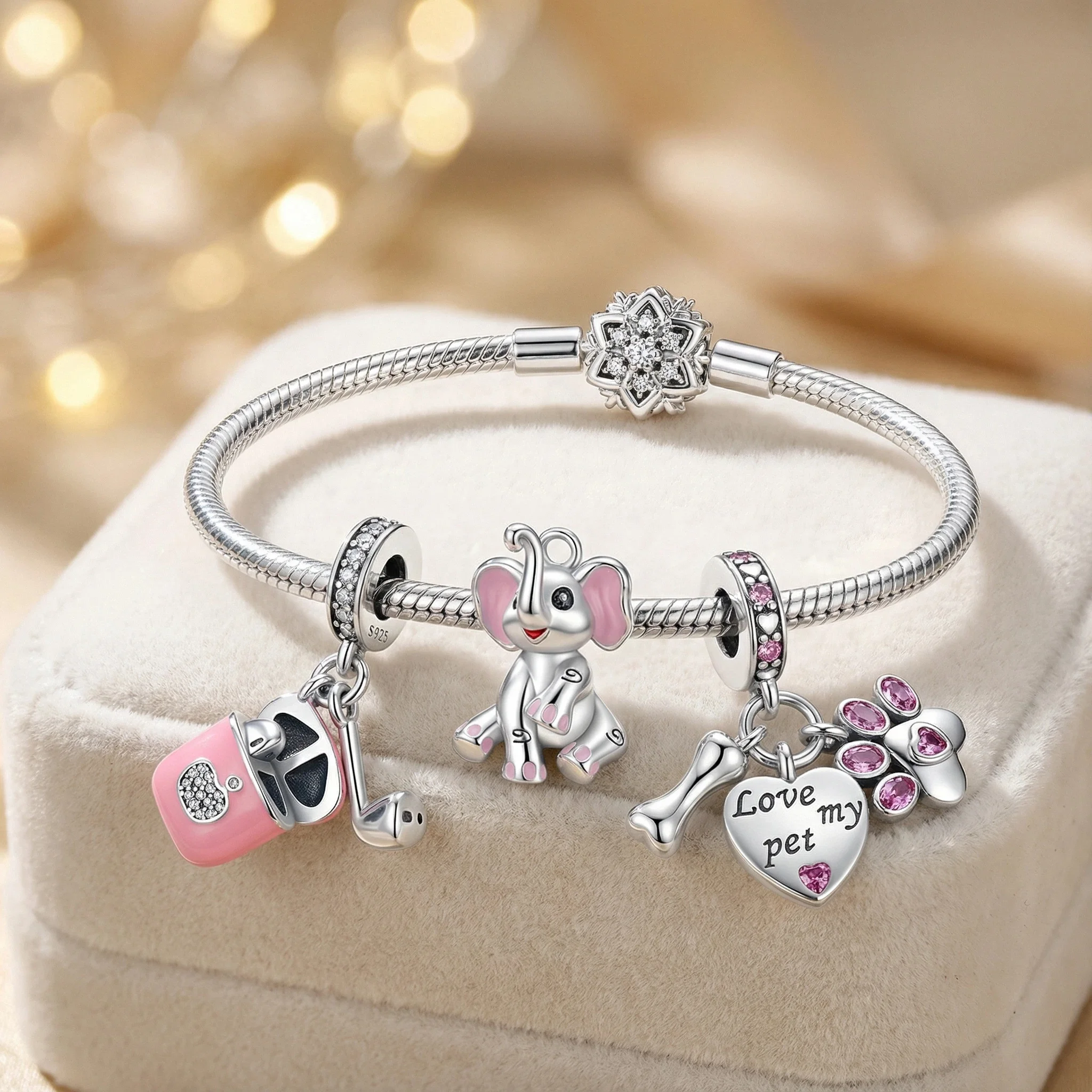 

925 Sterling Silver Earphone Elephant Charms Pendant with Cubic Zirconia,Fit DIY bracelet necklace Gift for Her,Colgante Plata