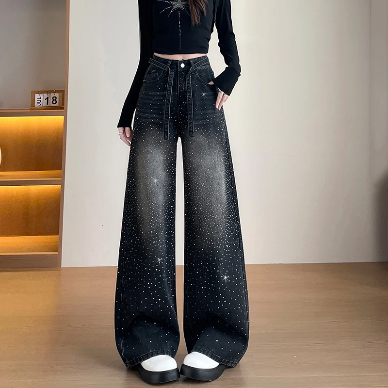 KSTUN Women High Waist Wide Leg Black Jeans with Self-fabric Tie Belt Vintage Washed Rhinestone Decor Loose Denim Pants Stylish