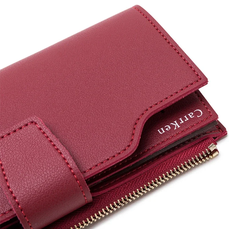 Dompet wanita warna solid sederhana versi Korea multifungsi kapasitas besar dompet lipat tiga dengan ritsleting dan gesper tas genggam PU.