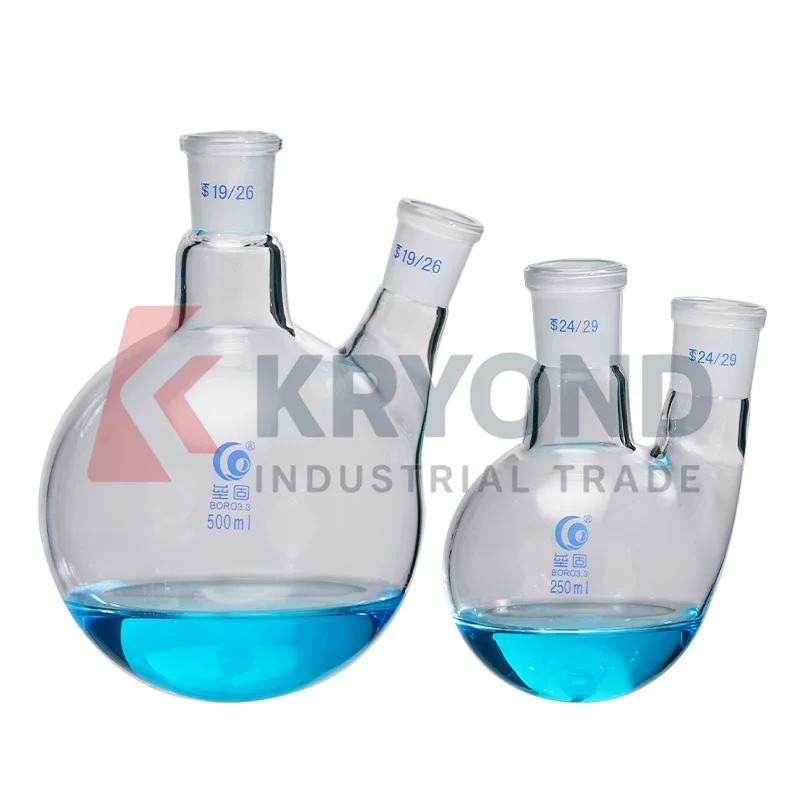 2 Neck Oblique Straight Round Bottom Borosilicate Glass Boiling Reaction Flask Heavy Wall Heat Resistant Ground Joint Apparatus