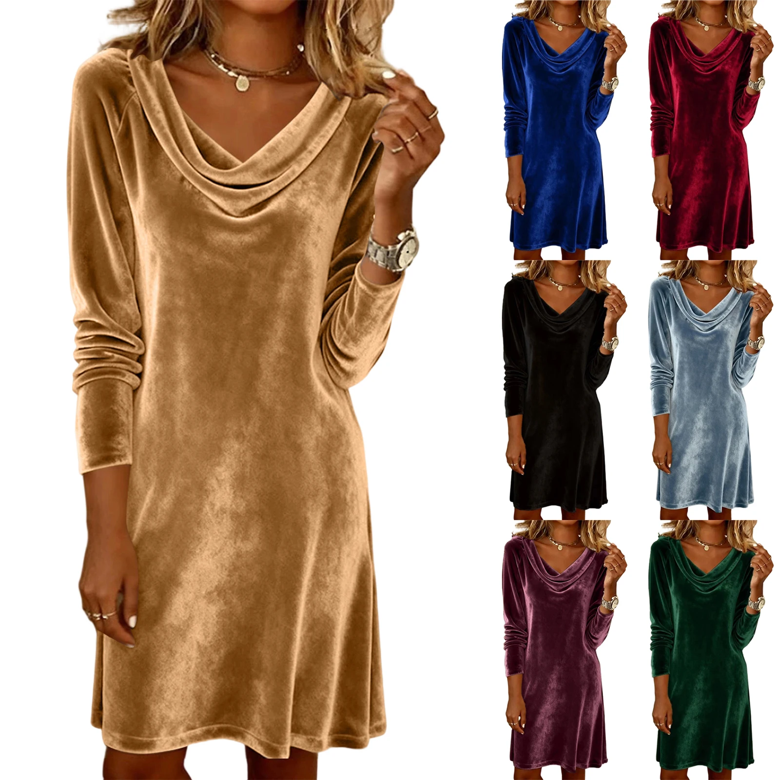 カジュアル秋冬無地長袖カウルネックセクシーベルベットドレススタイリッシュレディース快適な日常着