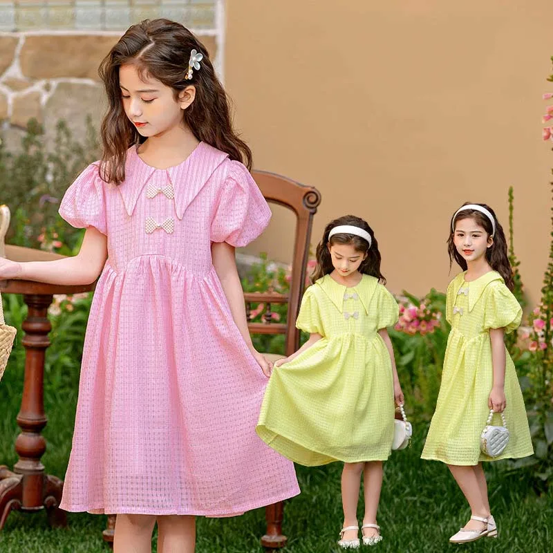 JUCPKID Korean Summer School Girl Breathable Dress Children Girl Pearl Bowknot Bubble Sleeve Dress Junior Girl Princess Dress