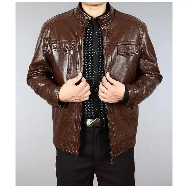 Autumn Winter Men Leather Jacket Fleece Warm Retro Business Casual PU Leather Coat Zipper Long Sleeve Windproof Outerwear New