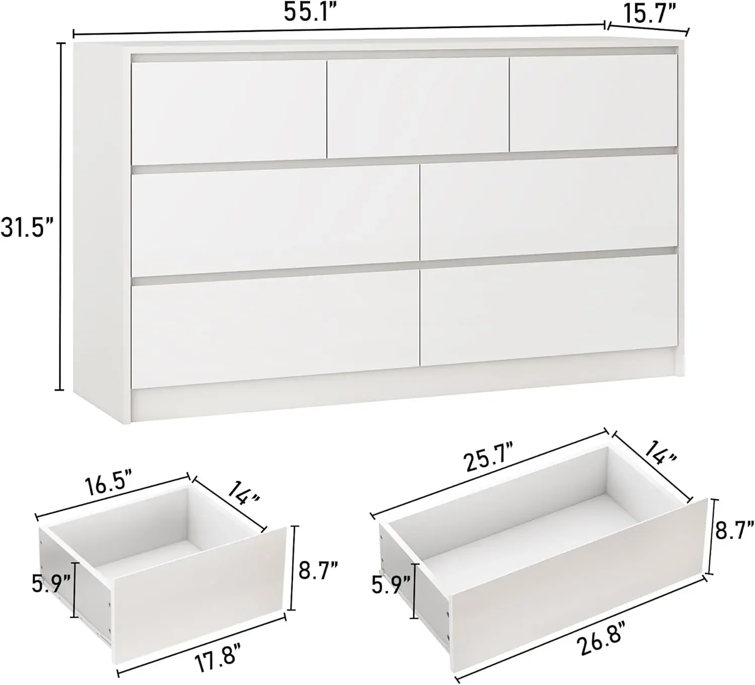 White Dresser for Bedroom, 55 Inch Long Dresser High Gloss Dresser with 7 Drawers, Modern Large Wood Chest of Drawer Handle