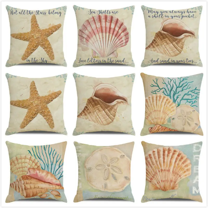 

Conch Sea Star Scallop Cushion Cover Retro Marine Life Pattern Pillowcase Home Indoor Decorations Shellfish Printed Pillow Cover