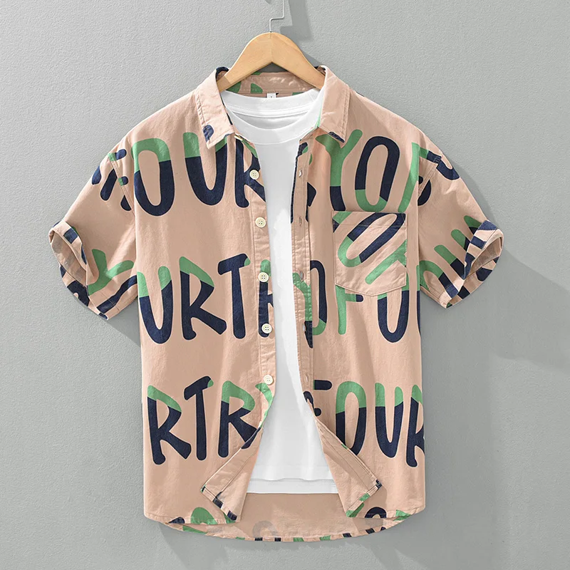 

Men's Casual Cotton irt ort Sve Letter Print Summer Faion Tailored Fit Youthful Sle No Iron Treaent Stand Fit
