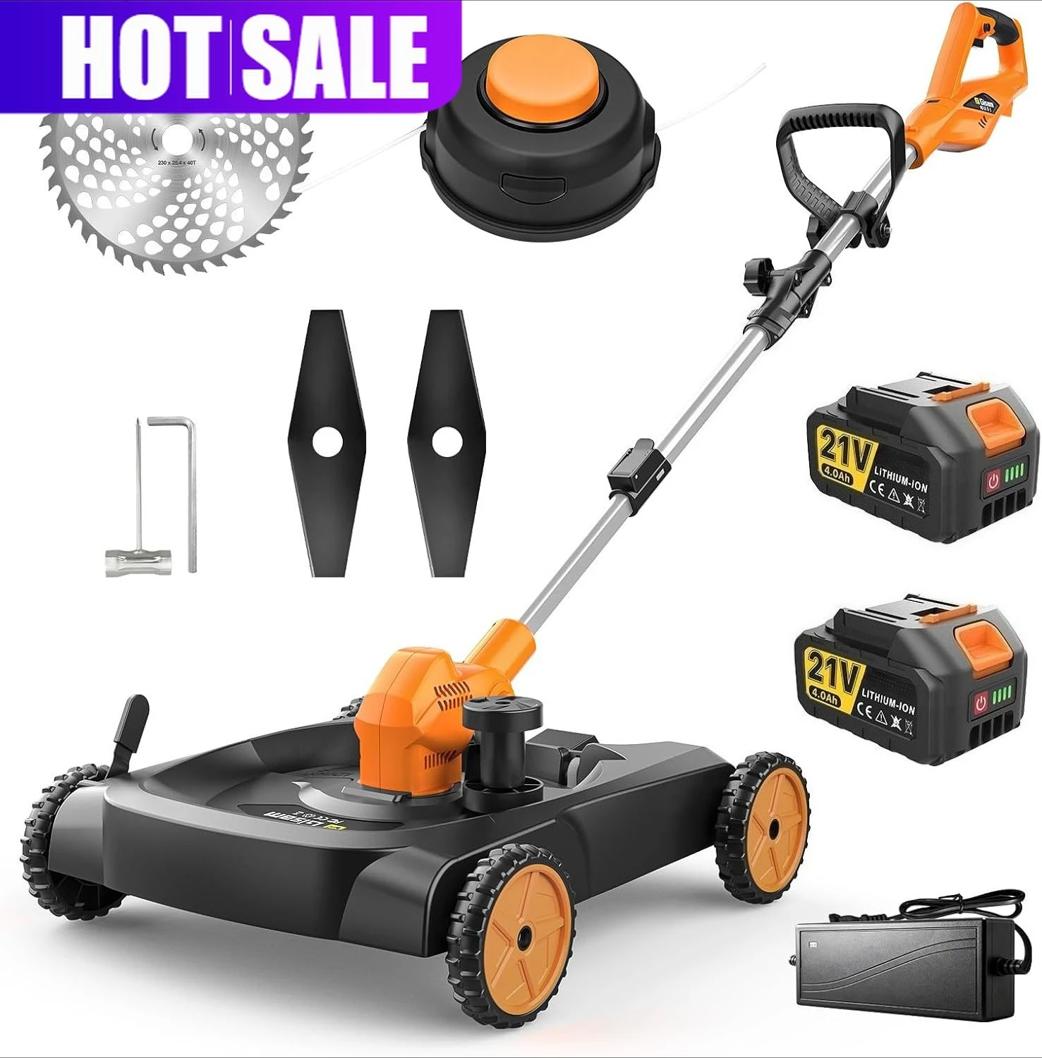 

3-in-1 Cordless Lawn Mower, 3000W Brushless String Trimmer & Wheeled Edger Combo Kit, 18.9 Inch