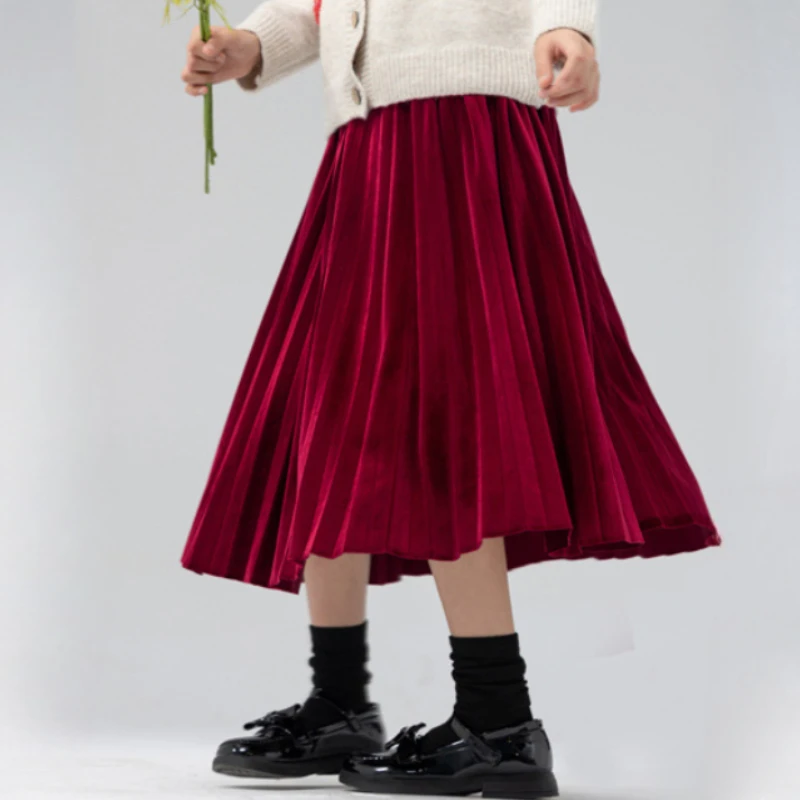 

Autumn Winter Girls Velvet Skirt Loose Casual A-line Pleated Skirt for Kids Daily Warm Long Skirt Teen School Children Costumes