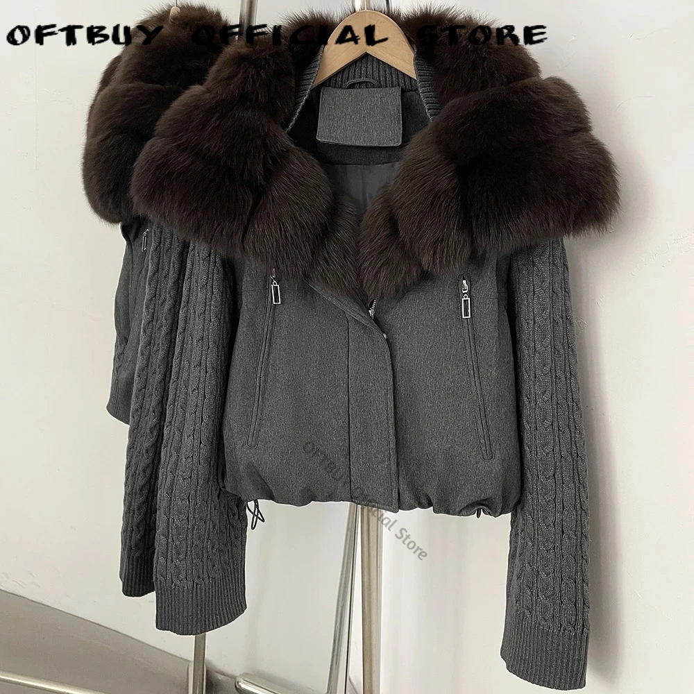 Short Women's Winter Puffer Coat Knitted Sleeves Natural Fur Collar Down Jacket Stylish Outerwear Office Commuting Cold Season