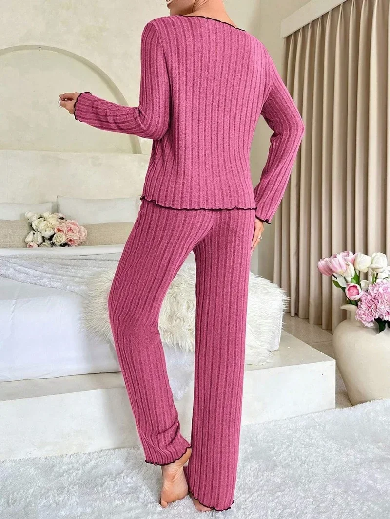 Women 2 Piece Sleepwear Autumn Winter Ribbed Pajamas Set Long Sleeve Top and Long Pants Set Casual Homewear Loungewear