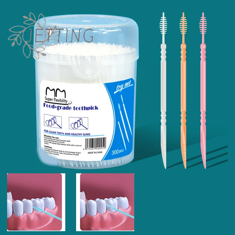 (SMTGDP11)300pc Plastic Double-head Interdental Brush Dental Floss Stick Mouth Hygiene Plastic Toothpick Toothbrush Teeth Cleani