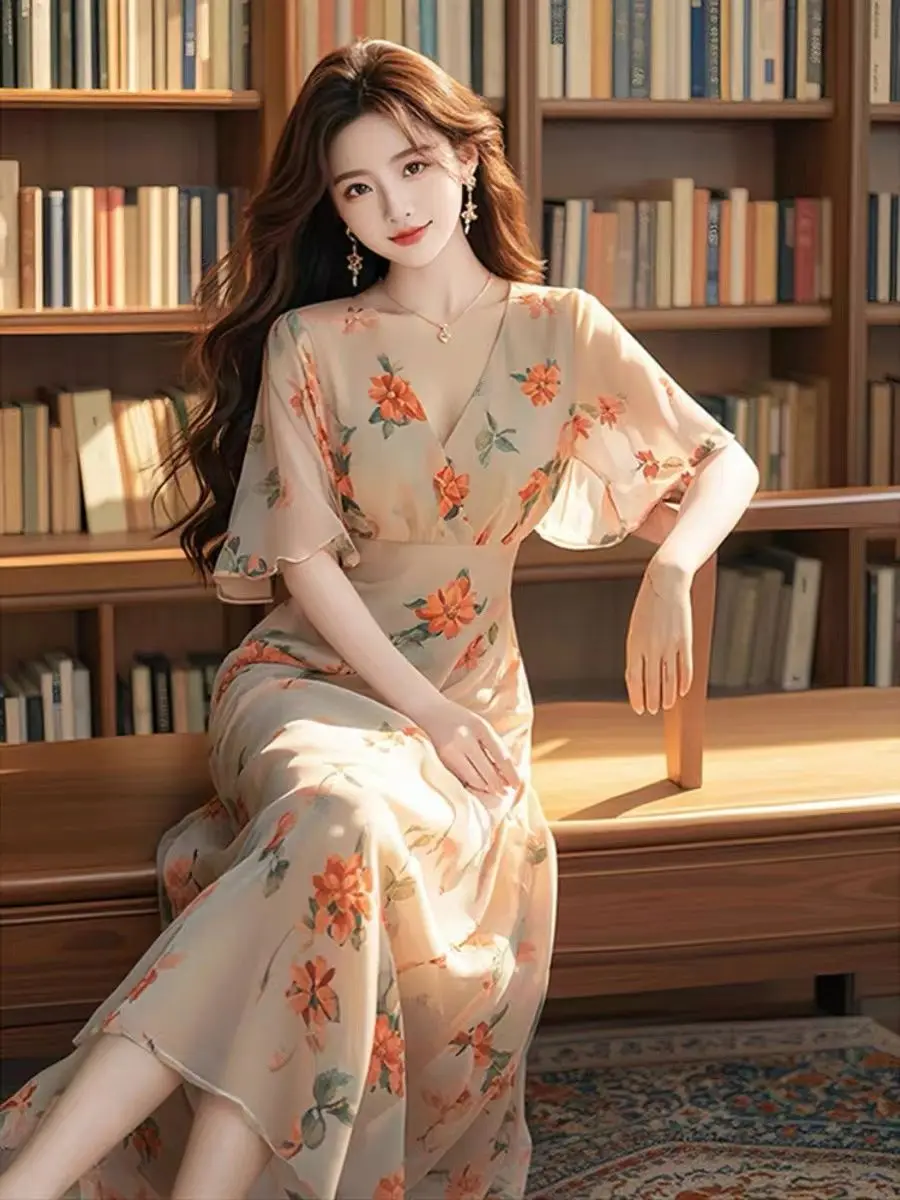 

Short Sleeve Dress for Women Casual Summer Vacation Outfit Flowy Midi Dress with Belt Elegant Floral Printed Office Party S398