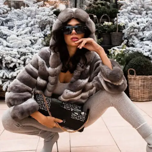 

2023 New Hooded Thin Rex Rabbit Fur Jacket Women Spring Casaul Fashion Luxury Tops Natural Cozy Real Fur Coat Female