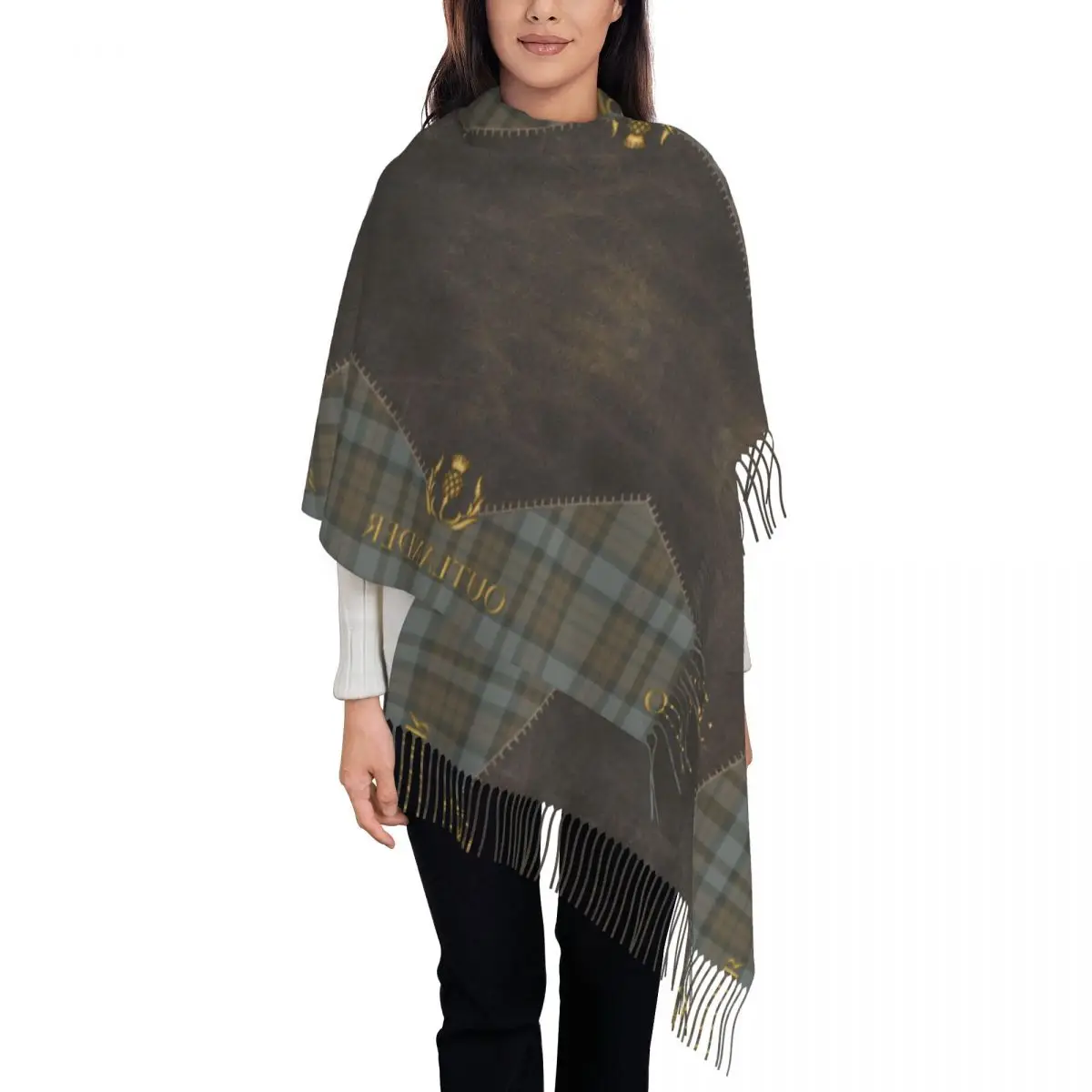 

Женские длинные шарфы с клетчатым узором Outlander, женские зимне-осенние толстые теплые шаль с кисточками, современный клетчатый шарф с текстурой