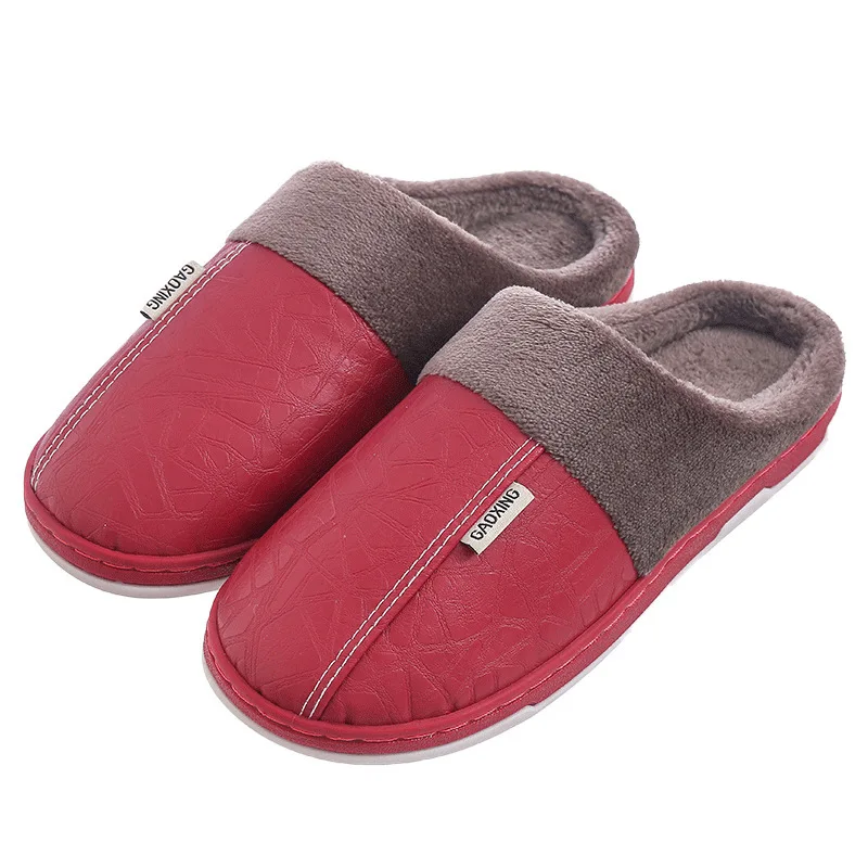 Winter Home Slippers for Men Memory Foam Massage House Slippers with Fur PU Leather Waterproof Indoor Male Slipper Plus Size 51