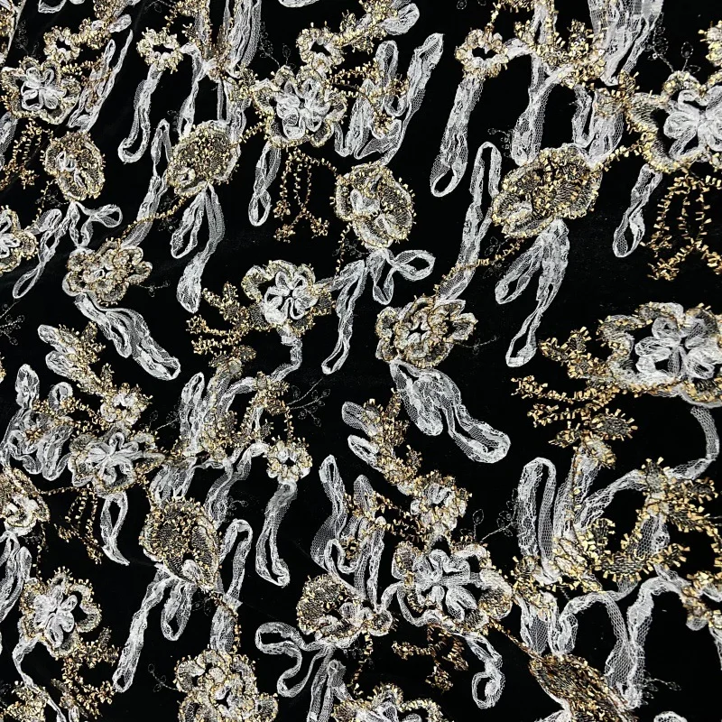 

High-end luxurious gold-thread 3D braided embroidered velvet fabric clothing designer embroidered fabric for tops and jackets