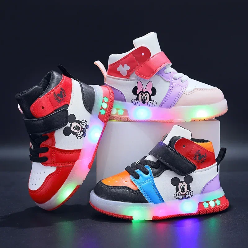 2024 Disney Children\'s Led Light Shoes Fashion Mickey Mouse Boys Sneakers Girls Cartton Casual Shoes Breathable Kids Sport Shoes