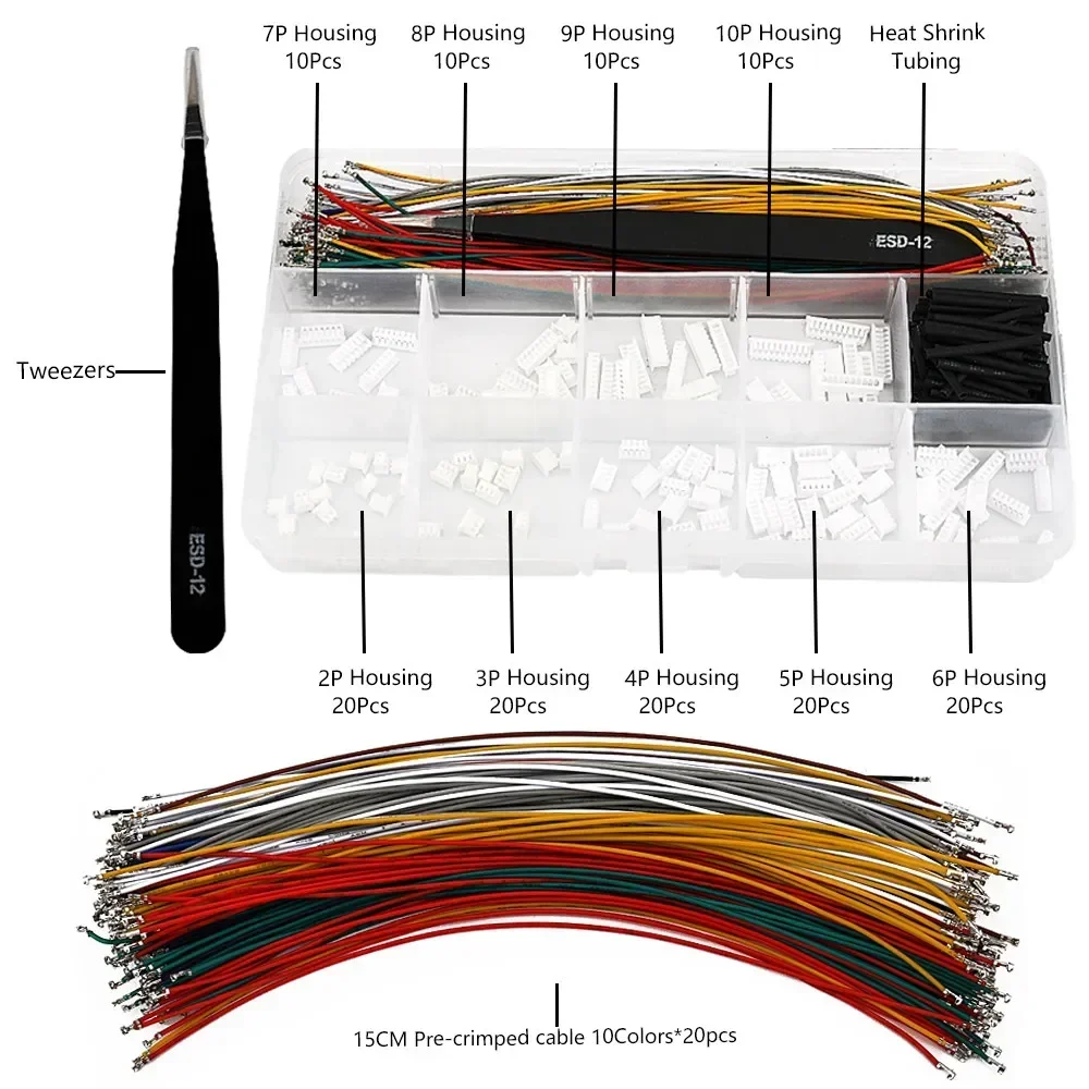MX1.25 Male Pin Crimp Connector Kit 2-10P Housing with 15CM Pre-Crimped Wires 10 Colors for DIY