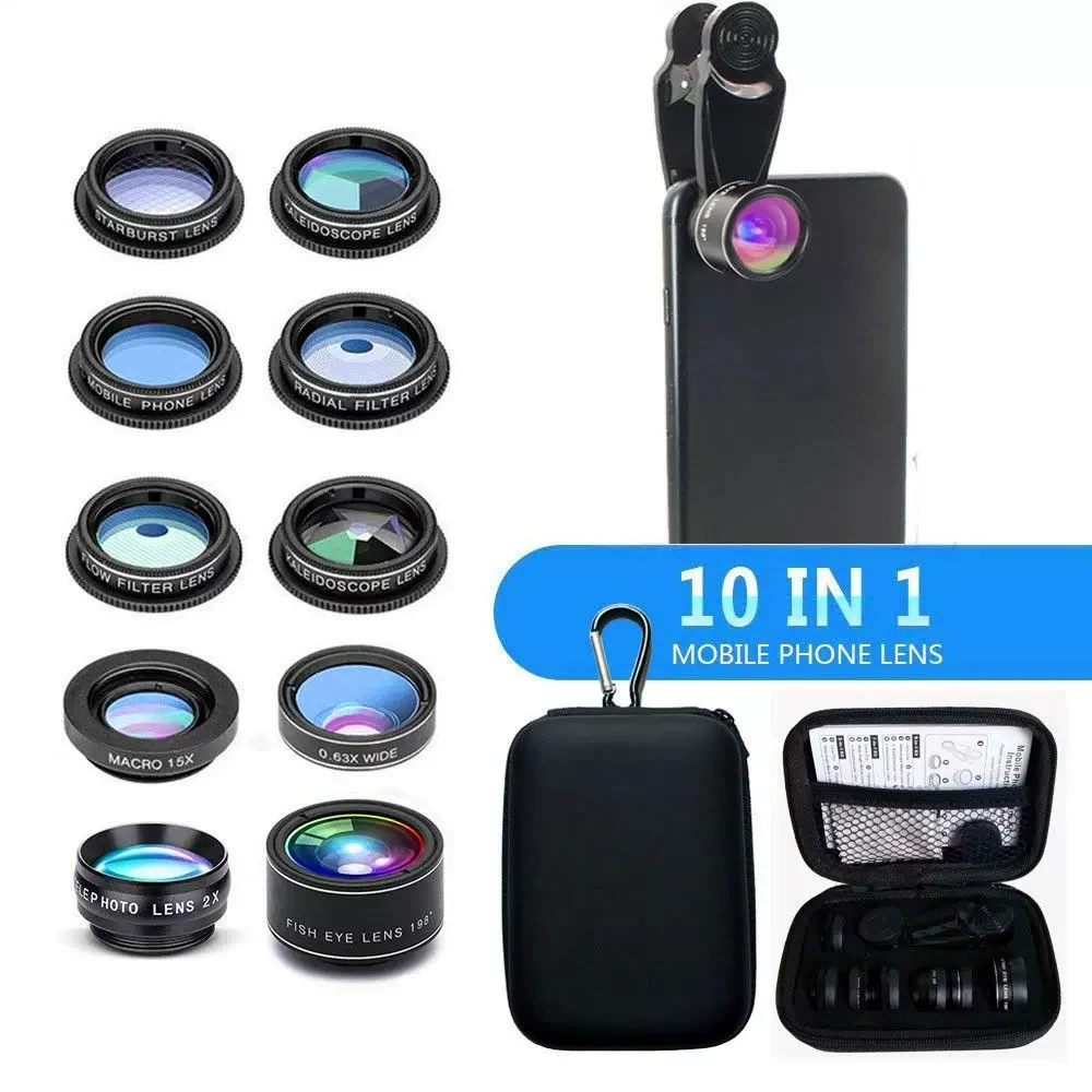 10 In 1 Beginner Phone Camera Lens Kit Wide Angle Macro Fisheye CPL Star Kaleidoscope External Photography Accessory