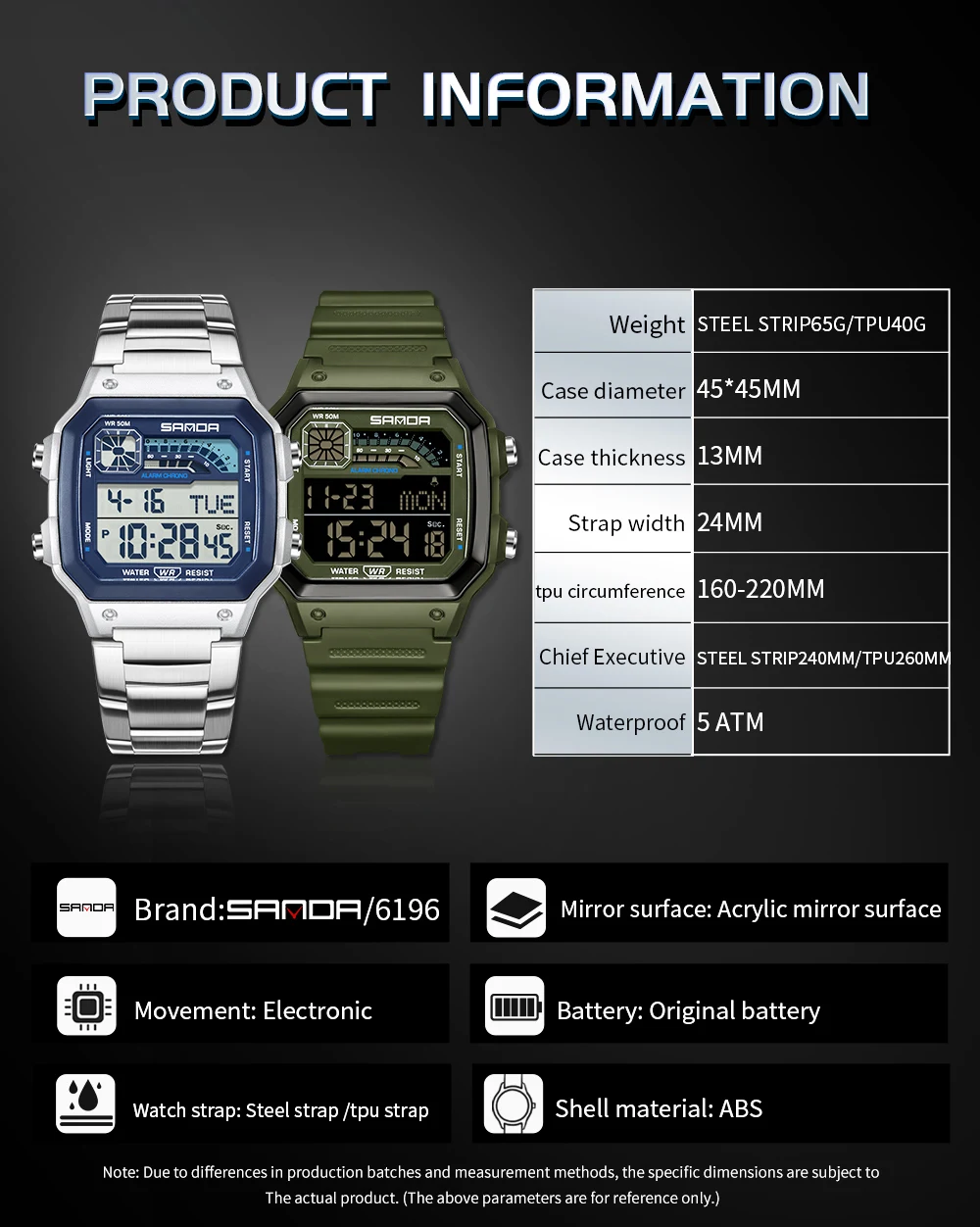 ساعة يد إلكترونية مربعة صغيرة للرجال من Fashion SANDA 6196، عد تنازلي رياضي مقاوم للماء، ساعة رقمية إلكترونية للطلاب