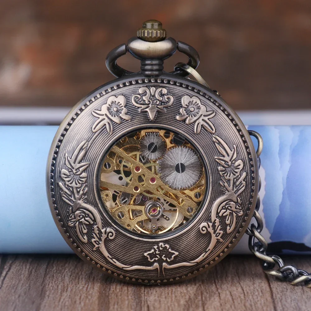 Bronze Vintage Roman Number Hand-Winding Watch creative carving flower Mechanical Pocket Watch chains pendant gifts