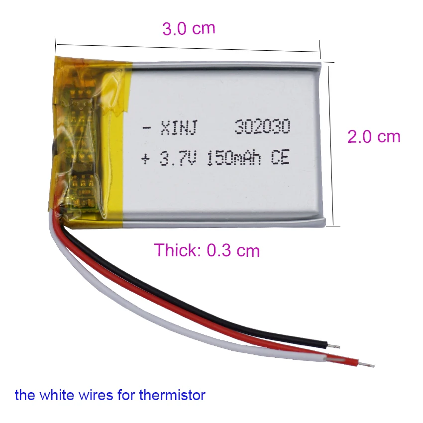 2pcs 3.7V 150mAh 0.555Wh Rechargeable Li Battery 302030 NTC 3-Wires JST 3Pin 1.0/1.25/1.5/2.0/2.54mm For GPS Bluetooth Speaker