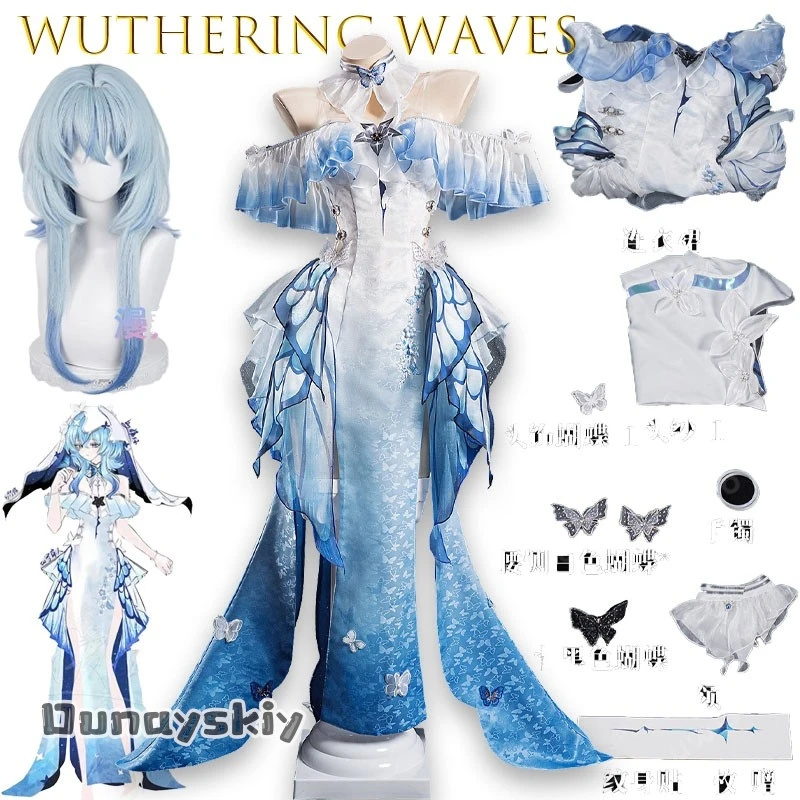 

Game Wuthering Waves Cosplay The Shorekeeper Costume Blue Dress Butterfly Party Roleplay Unifrom Female Costume Chinese Qipao