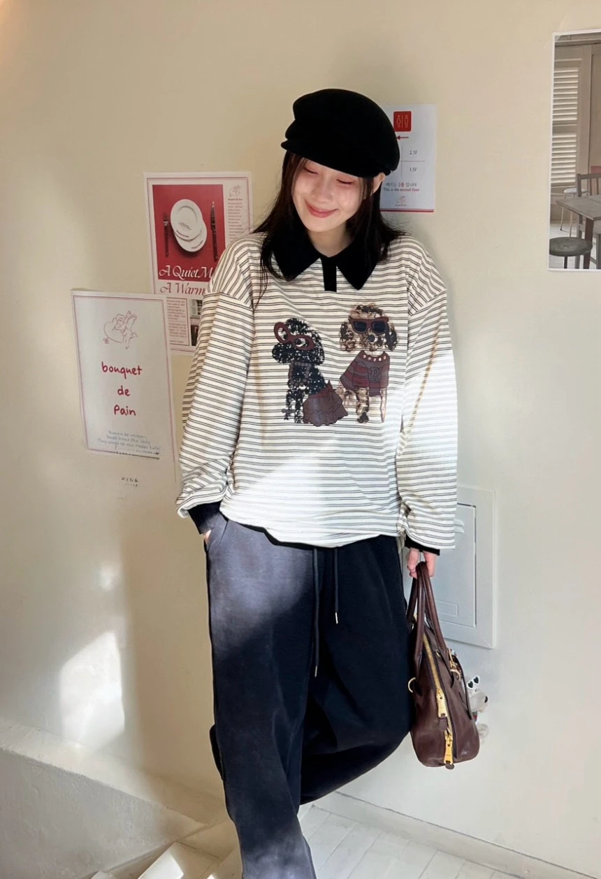 

Dongda Gate Winter 2025 Women's irt Long Sve Turn-down Collar Stripe Pattern Animal Dog Print Casual Loose Fit