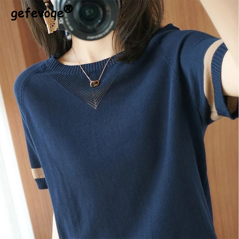 Summer New Round Neck Patchwork Knitting Pullover Top Women Short Sleeve Loose Casual All-match T-shirt Ladies Oversized Tees