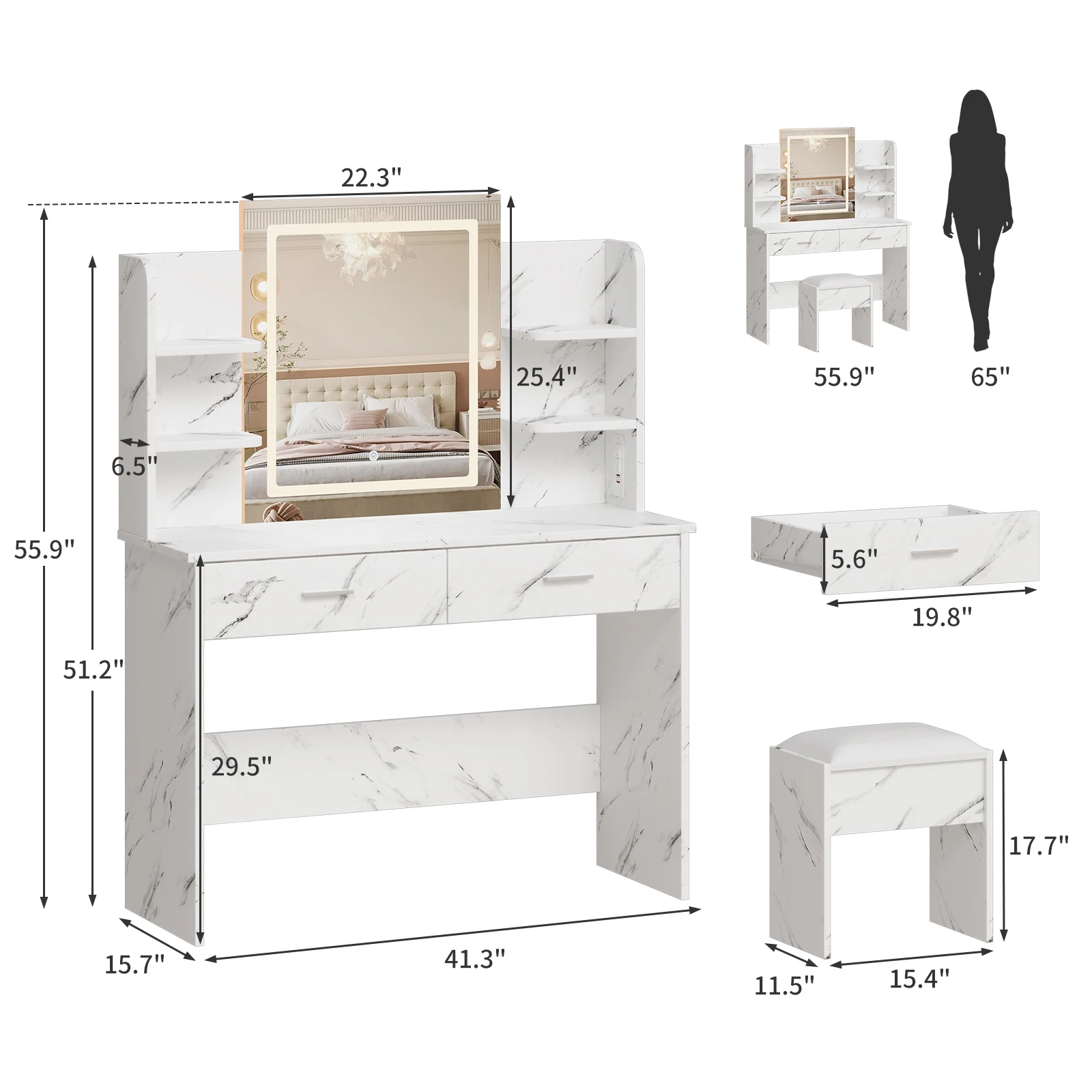 Vanity Desk with Lighted Mirror and Power Outlet - Makeup Vanity Table Set with 2 Drawers and Cabinets, Large Storage Shelves, 3 Lighting Modes Adjustable, Modern Bedroom Dressing