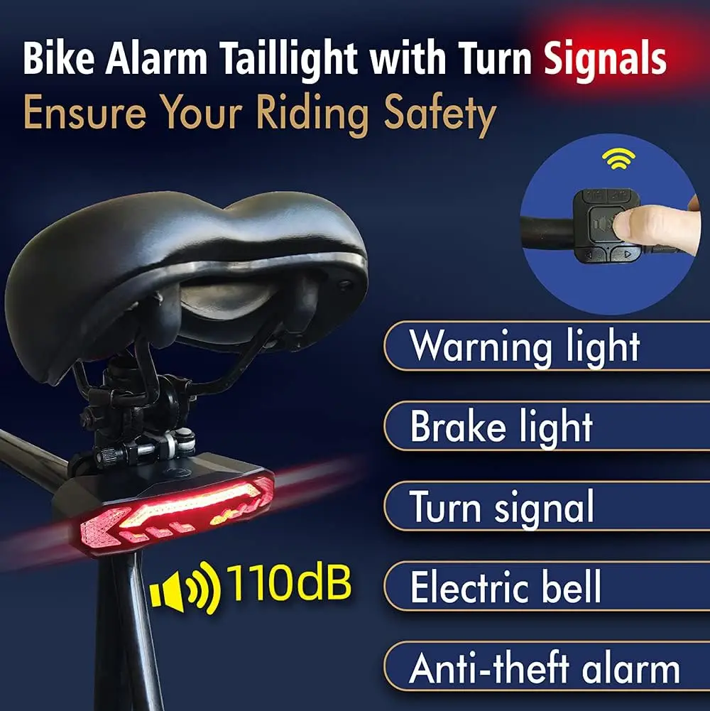 Bike Tail Light Rechargeable with Turn Signals, Remote Bicycle Alarm 110 db, Electric Cycling Bells Horn, Rear Light,IP54 Waterp