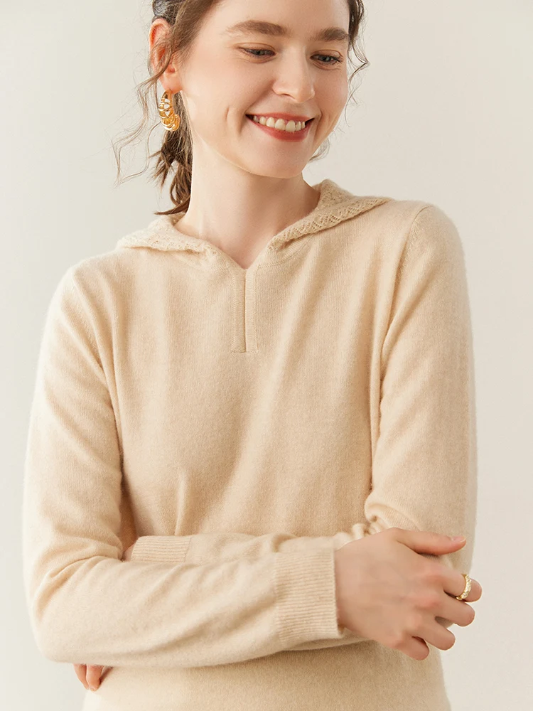 

MEETCC Women's 100% Cashmere Hollow Out Hooded Pullover Sweater Soft Warm Hoodie Autumn Winter Casual Chic Cashmere Knitwear