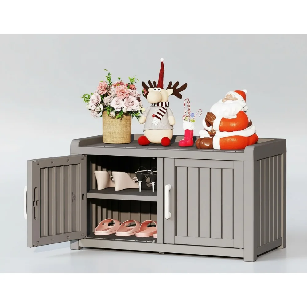 

Weatherproof Outdoor Shoe Storage Cabinet with 2 Barn Doors, Waterproof for Porch, Patio, Entryway - Holds 8-12 Pairs, Grey