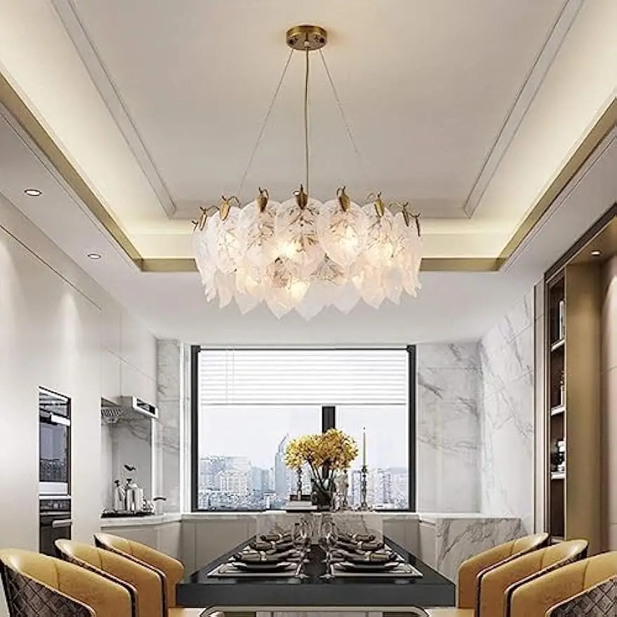 

Modern Large Chandelier for Living Room Nordic Leaf Glass Crystal Round Chandelier for Dining Room Vintage Gold White Coastal