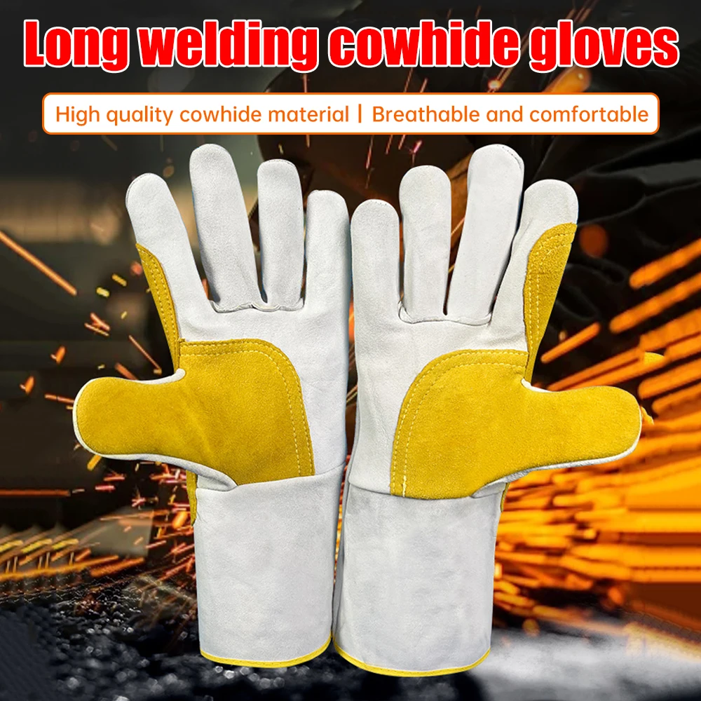 1 Pair Long Welding Gloves Soft Leather Electric Welder Labor Protection Site Durable Thick Industrial Protective Equipment