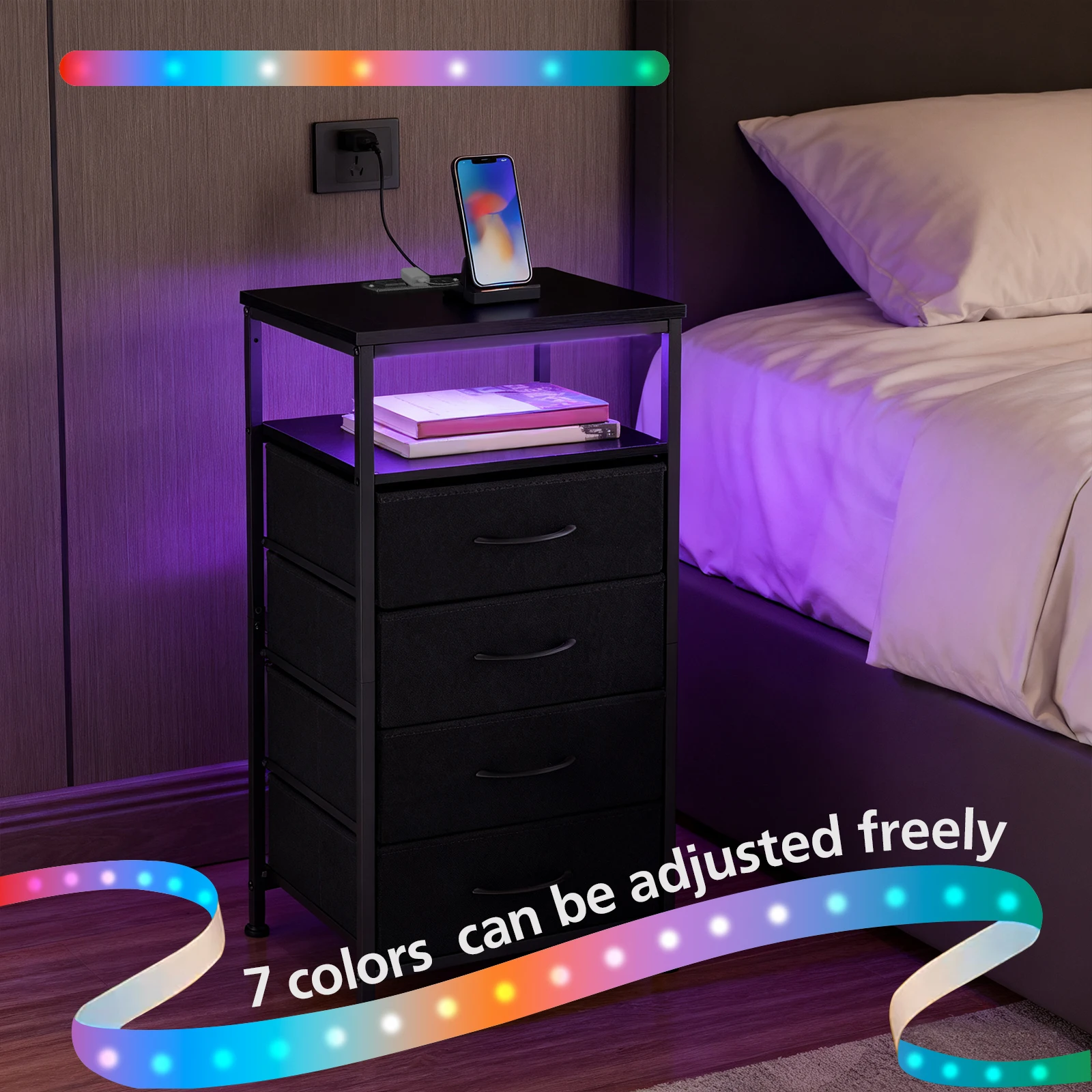 MCQ 4 Fabric Drawers with Charging Station Cabinets LED Light Strip Bedside End Table Storage Nightstand for Home Furniture