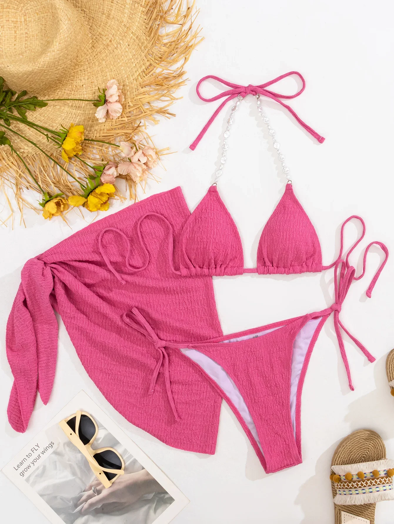 섹시한 늑골이있는 진주 체인 홀터넥 비키니 세트 3pcs 커버 스커트 솔리드 수영복 수영복 비치 의상 biquini Tankini