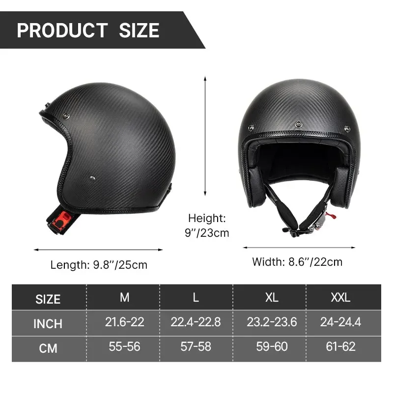 Premium Super Light Pure Carbon Fiber 3/4 Vintage Jet Helmet Gloss Smooth Carbon Grain Outer Shell Multi Ventilated Interior