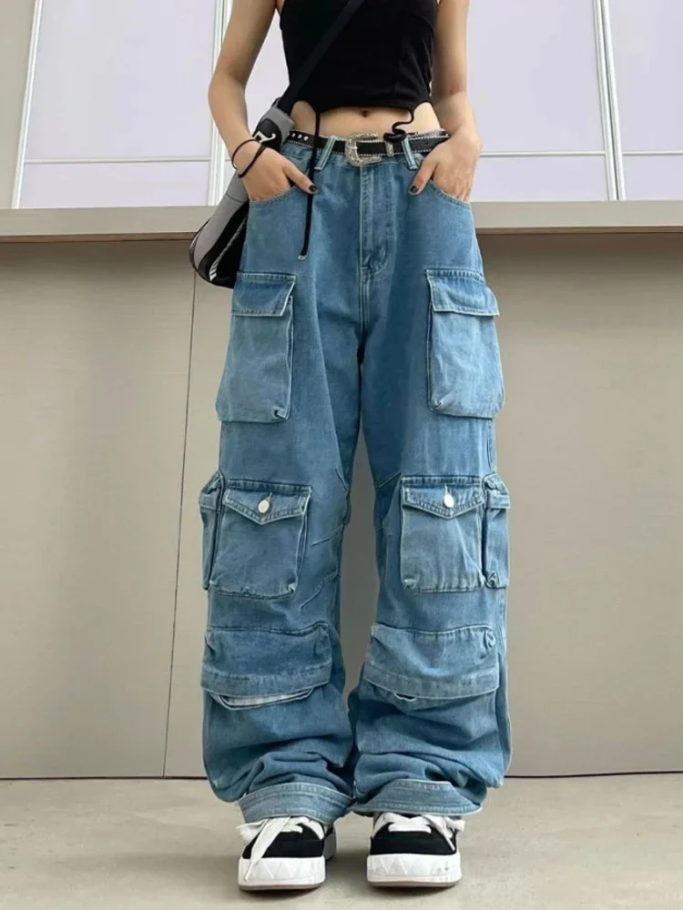 

Multi-Pocket Blue Washed Cargo Pants Y2k Retro High Street Fashion High Waist Jeans Couple Harajuku Simple Casual Wide Leg Pants