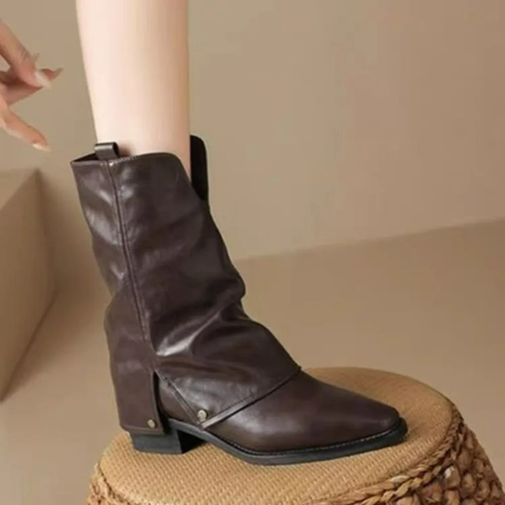 

Vintage Pointed Toe Mid Calf Western Boots Women Low Heel Riding Botas Sexy Pleated Silp on Spring Autumn Short Botines Shoes