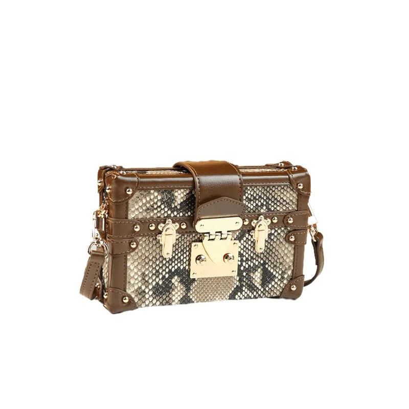 Vintage snake-pattern box bag with rivets, hard-sided small square bag with heavy-duty clasp, personalized street-style crossbod