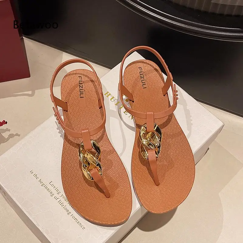 Ladies Minimalist Gold Chain Thong Sandals Stretch Spring Ankle Band Embossed Soft Sole Daily Lightweight Beach Slides