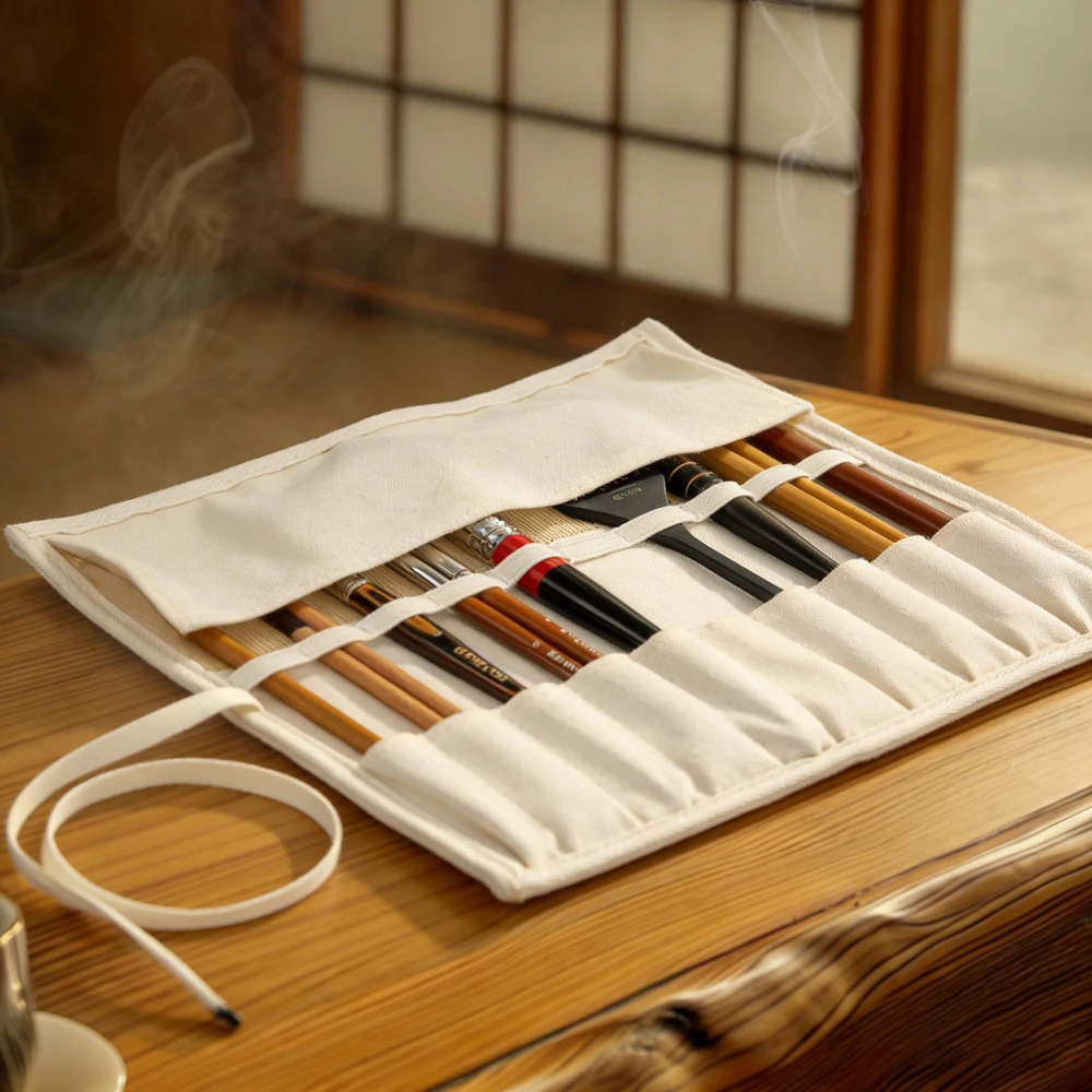 Artsecret Art Brushes Storage Bag Bamboo Cloth Woven Canvas Pouch For Painting Calligraphy Brush 31.5*31.5cm Pen Organizer