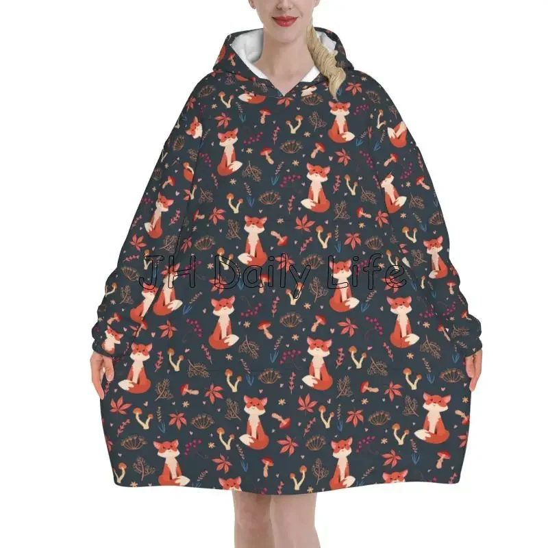 Cute Fox Mushroom Wearable Blanket Hoodie Women Oversized Flannel Sweatshirt Pullover Girls Soft Warm Lightweight Fleece Blanket