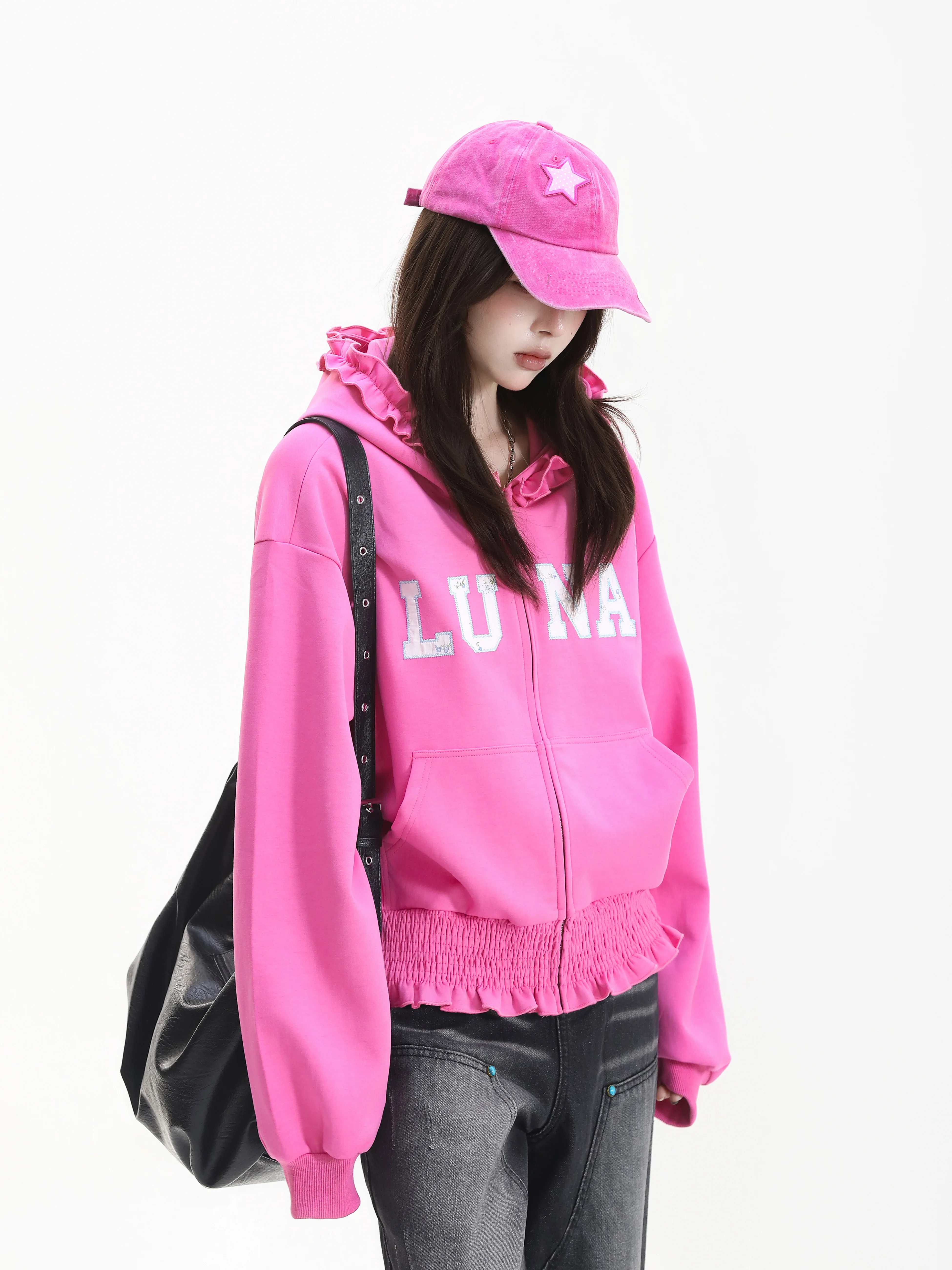 Korean Style Floral Print Sweatshirt Women's College Style Hooded Open Cardigan Loose Fit Long Sleeve Polyester Cotton Blend