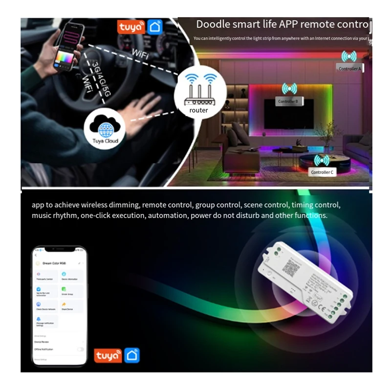 Tuya Wifi SPI RGB LED Controller For Alexa Google Assistance 720 Pixels For WS281 FCOB Addressable LED Strip Light