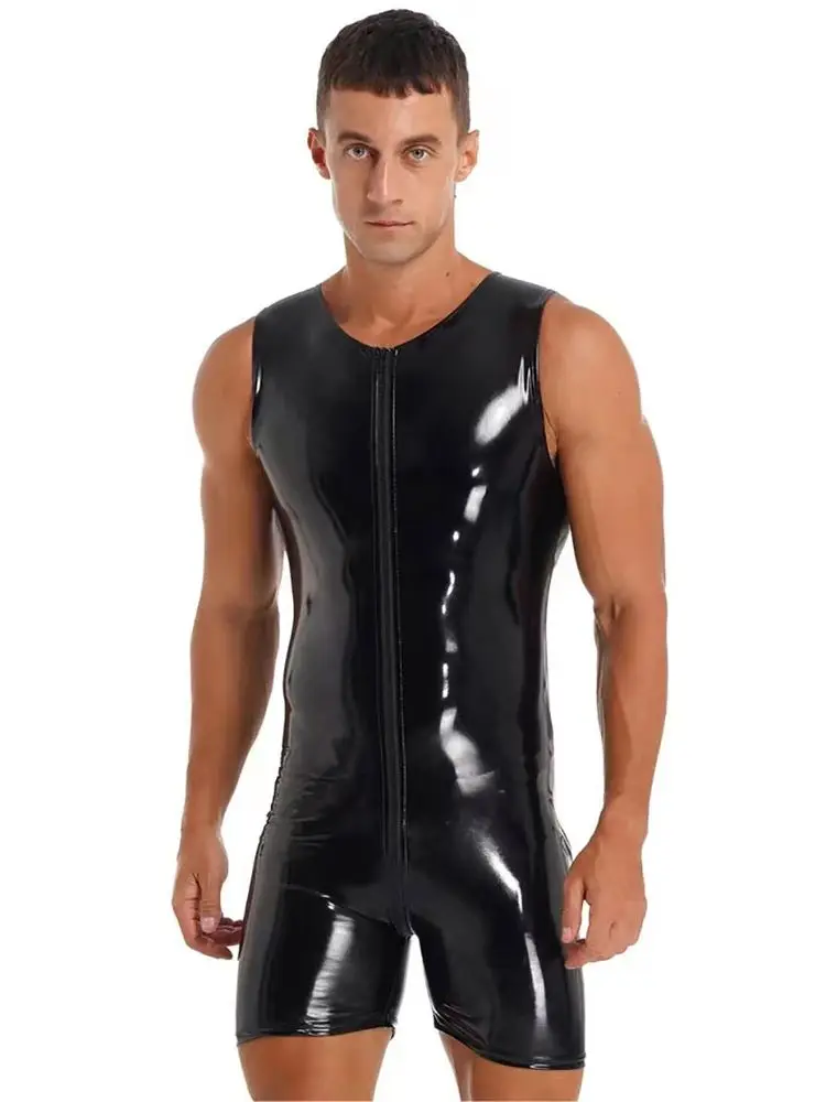 

Sleeveless Wet Look PVC Playsuits Catsuit Shiny PU Leather Zipper Open Crotch Bodysuit Tight Sexy Hot Shapers Bodybuilding