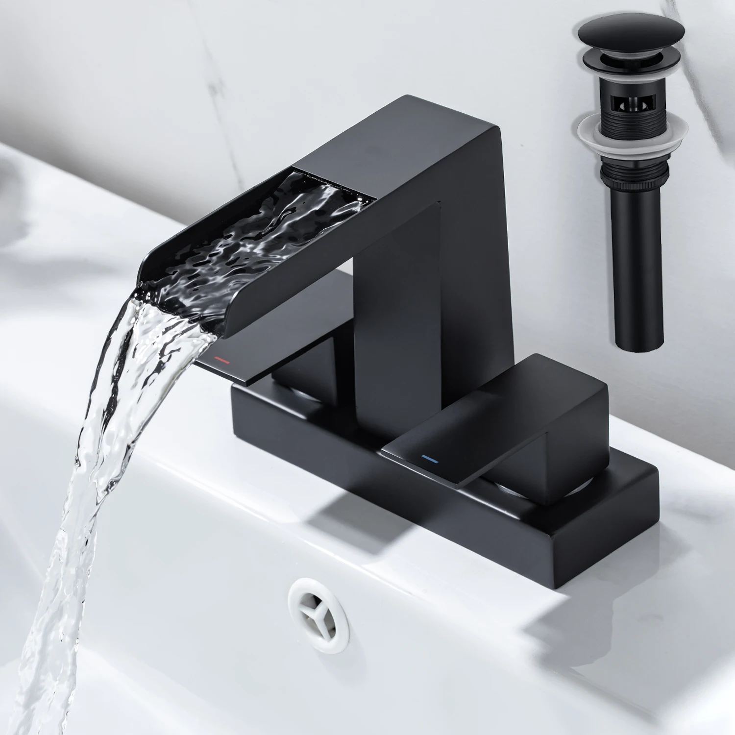 4 Inch Waterfall Bathroom Sink Faucet Deck Mounted Three Hole Basin Sink Faucet Dual Handle Lavatory Vanity Sink Faucet Black