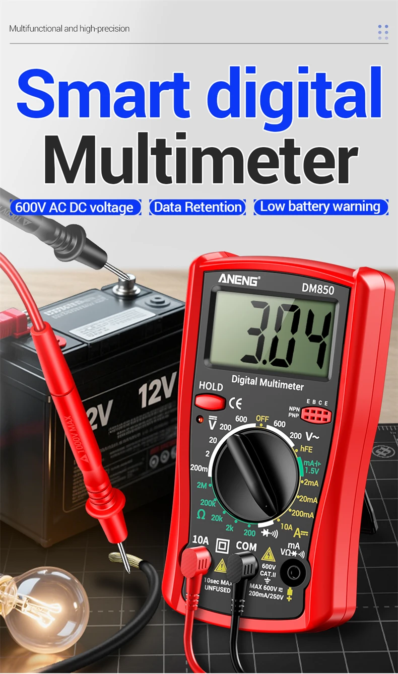 ANENG DM850 Multimeter-Tester 1999 Zähler AC DC 600V DC10A Ohm Dioden-Trioden-Prüfer mit Summer und Datenhaltefunktion, tragbares Messwerkzeug für Elektriker – Detail 1