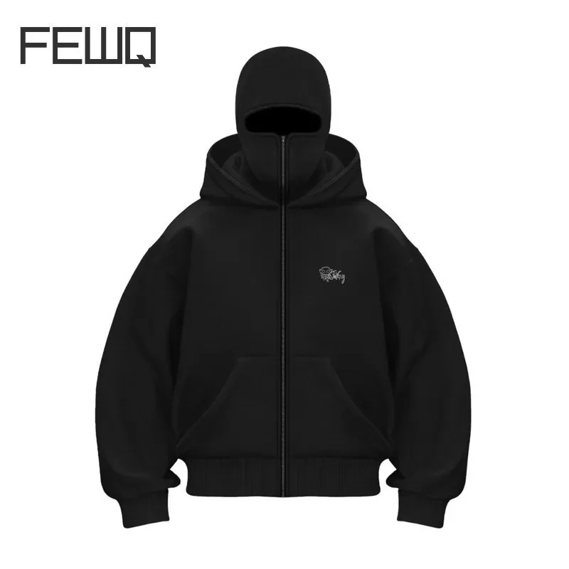 FEWQ Velvet Double Hat Unique Design Men Hooded Sweatshirt Autumn Winter 2024 Solid Color Long Sleeve Male Tops 24E5458